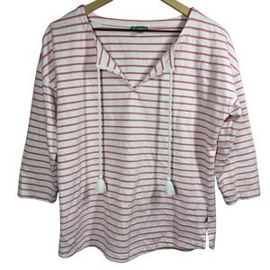 Talbots Women M Pink White Tassel Tunic Nautical Sleeve Shirt Split Neckline